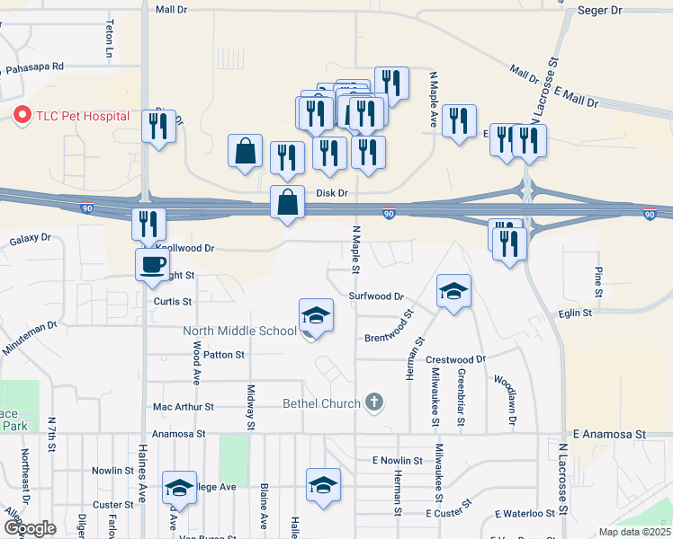 map of restaurants, bars, coffee shops, grocery stores, and more near 25 Knollwood Drive in Rapid City