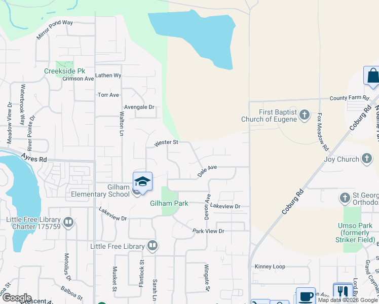 map of restaurants, bars, coffee shops, grocery stores, and more near 2374 Wester Street in Eugene