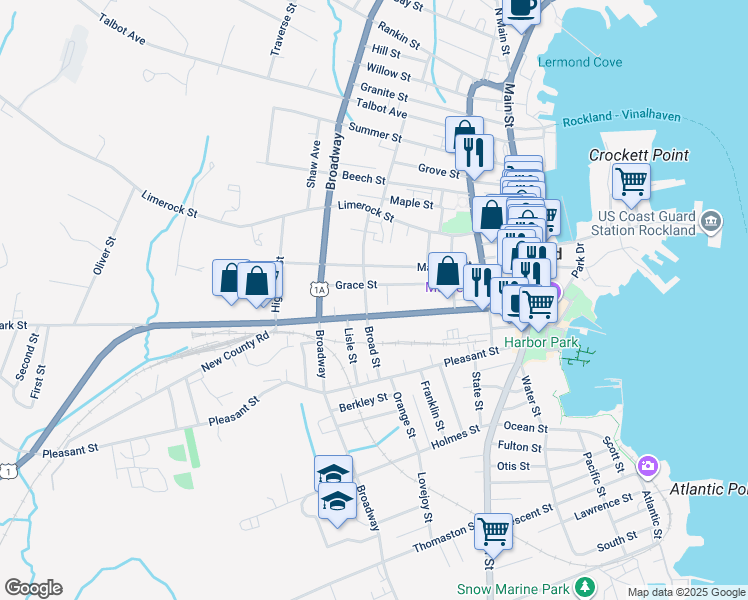 map of restaurants, bars, coffee shops, grocery stores, and more near 61 Grace Street in Rockland