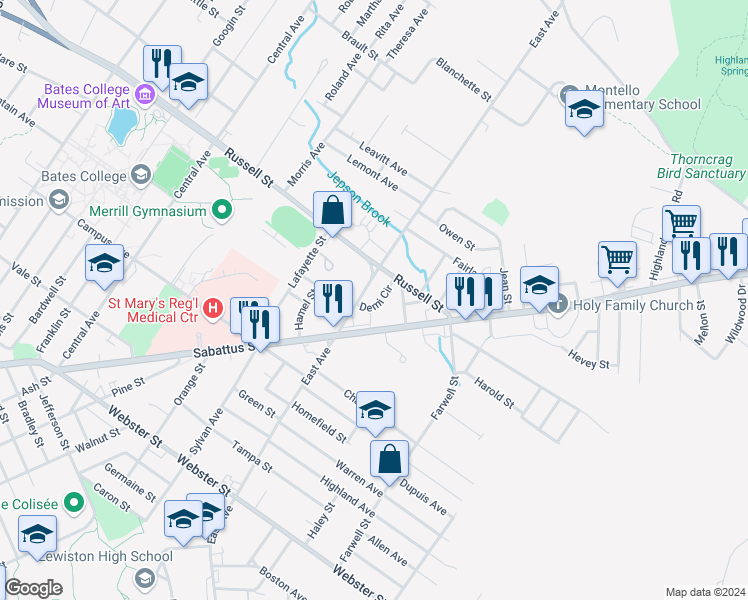 map of restaurants, bars, coffee shops, grocery stores, and more near 318 East Avenue in Lewiston
