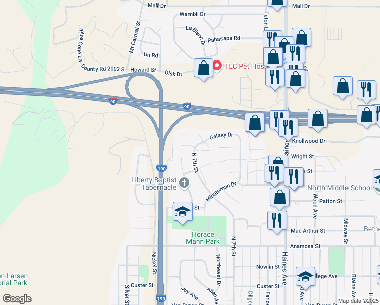 map of restaurants, bars, coffee shops, grocery stores, and more near 914 Antares Court in Rapid City