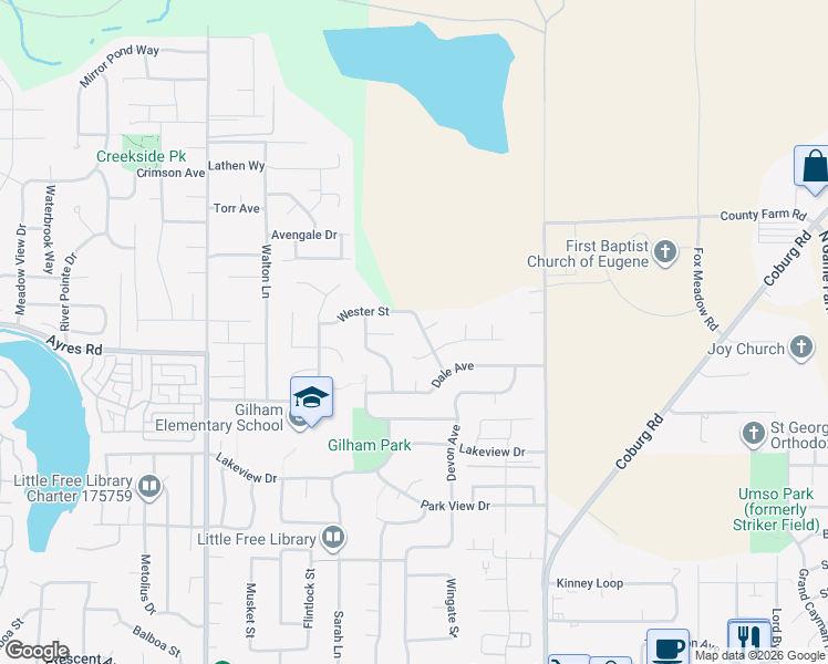 map of restaurants, bars, coffee shops, grocery stores, and more near 2374 Wester Street in Eugene