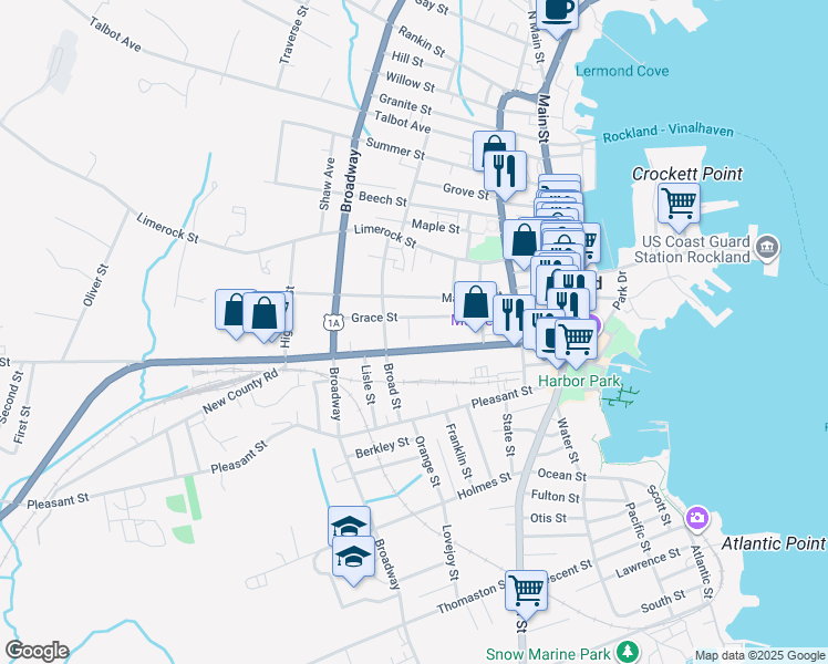 map of restaurants, bars, coffee shops, grocery stores, and more near 61 Grace Street in Rockland