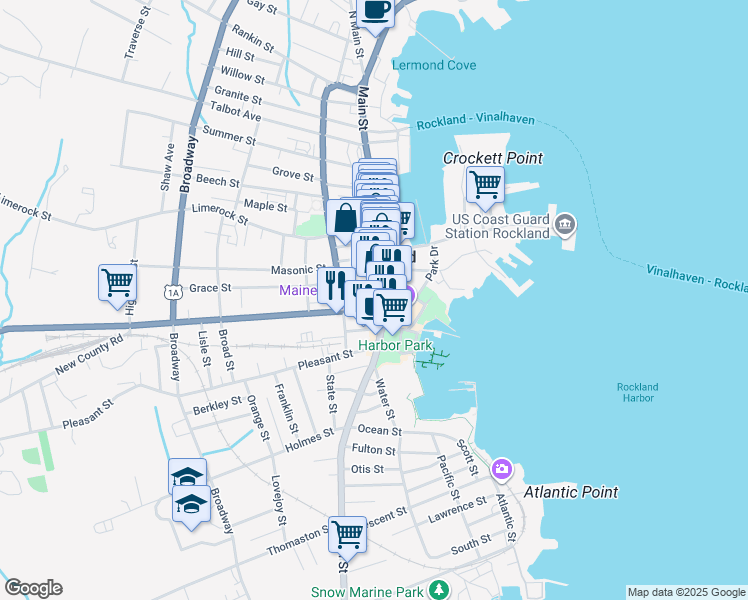 map of restaurants, bars, coffee shops, grocery stores, and more near in Rockland