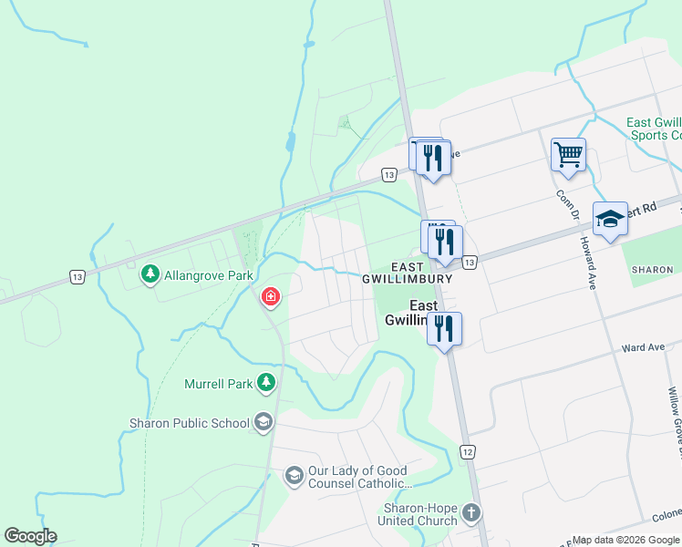 map of restaurants, bars, coffee shops, grocery stores, and more near 32 Walter Proctor Road in East Gwillimbury