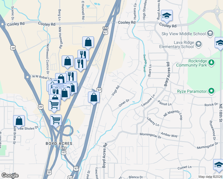 map of restaurants, bars, coffee shops, grocery stores, and more near 20595 Lynn Way in Bend
