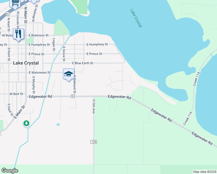 map of restaurants, bars, coffee shops, grocery stores, and more near 749 Luiken Street in Lake Crystal