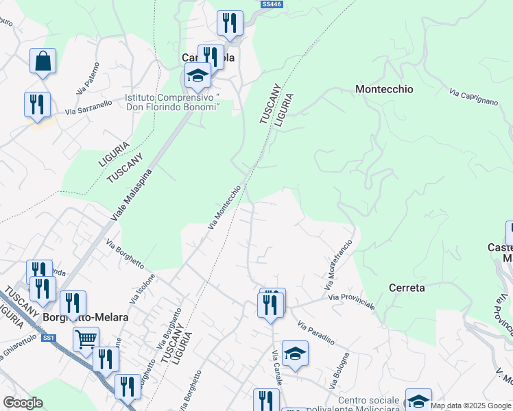 map of restaurants, bars, coffee shops, grocery stores, and more near 70 Via Montecchio in Colombiera-molicciara