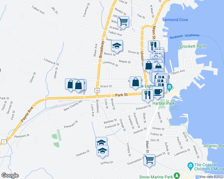 map of restaurants, bars, coffee shops, grocery stores, and more near 43 Broad Street in Rockland