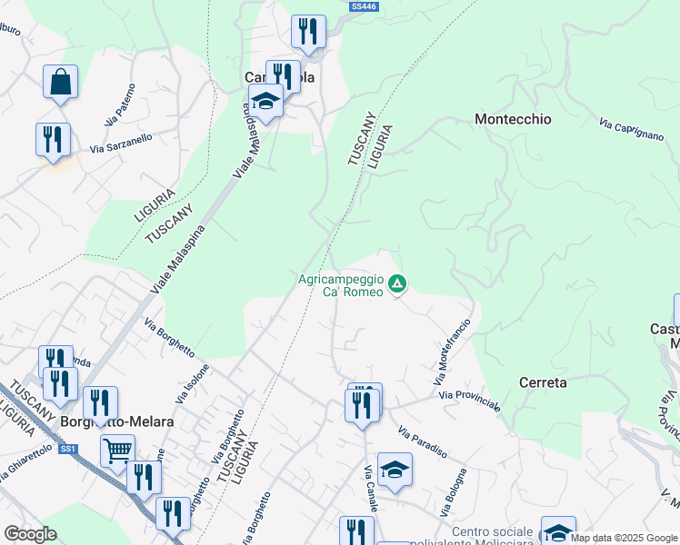 map of restaurants, bars, coffee shops, grocery stores, and more near 70 Via Montecchio in Colombiera-molicciara
