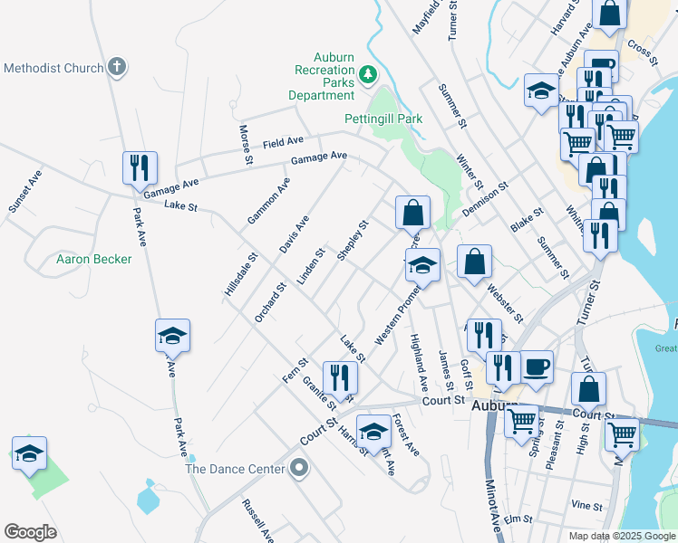 map of restaurants, bars, coffee shops, grocery stores, and more near 94 Shepley Street in Auburn