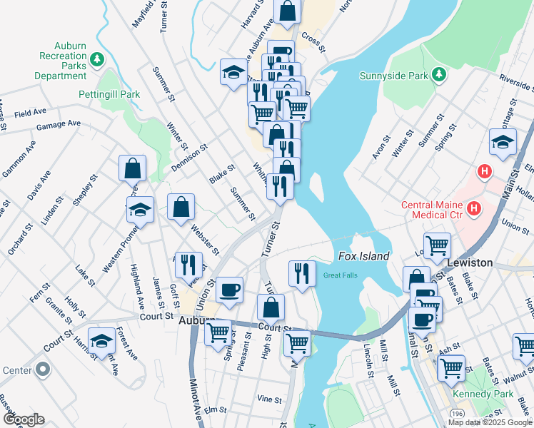 map of restaurants, bars, coffee shops, grocery stores, and more near 217 Turner Street in Auburn