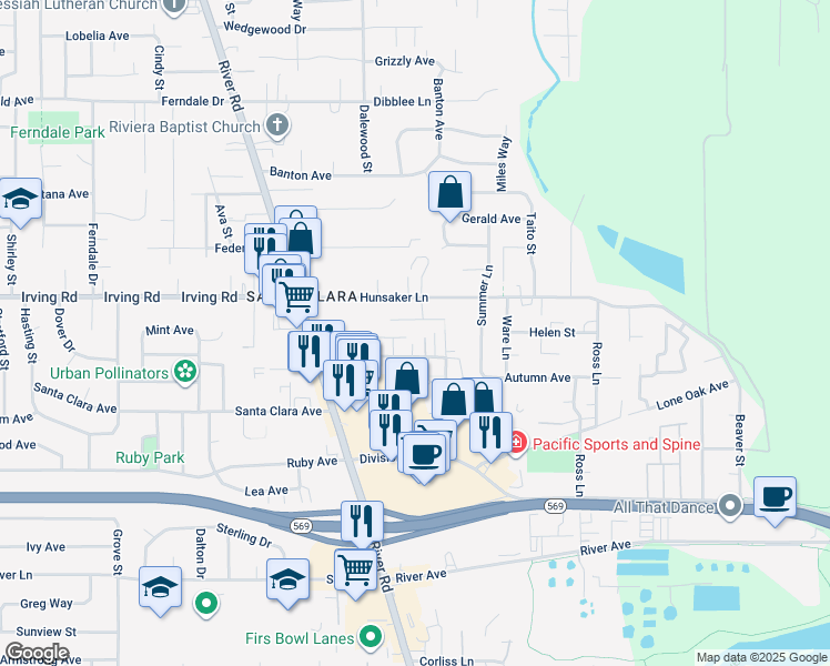 map of restaurants, bars, coffee shops, grocery stores, and more near 205 Green Lane in Eugene