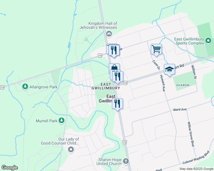 map of restaurants, bars, coffee shops, grocery stores, and more near Leslie Street in Regional Municipality of York