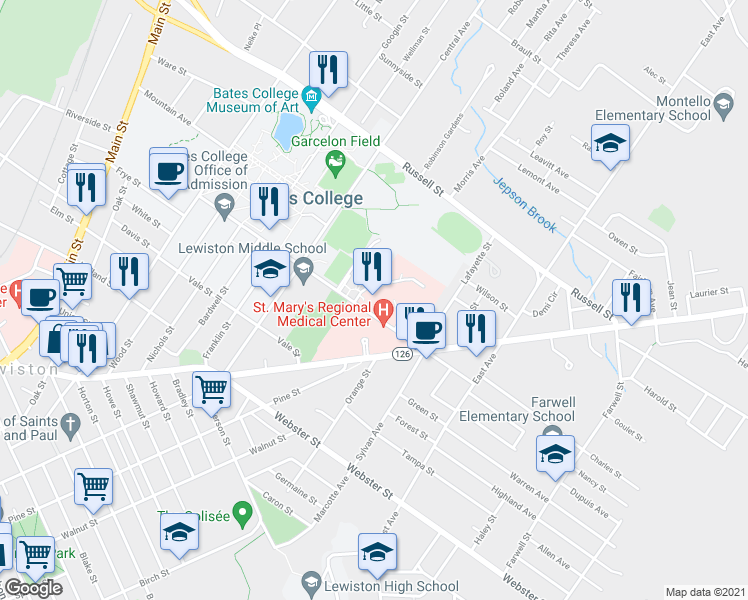map of restaurants, bars, coffee shops, grocery stores, and more near 100 Campus Avenue in Lewiston
