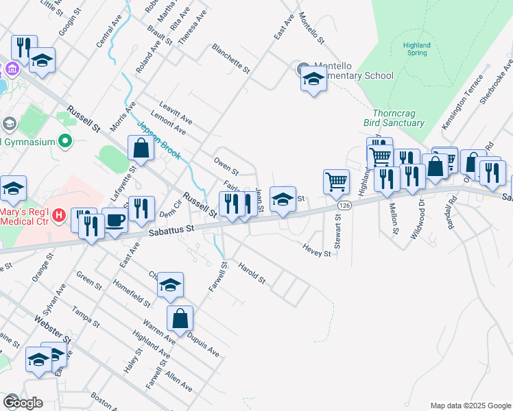 map of restaurants, bars, coffee shops, grocery stores, and more near 19 Jean Street in Lewiston