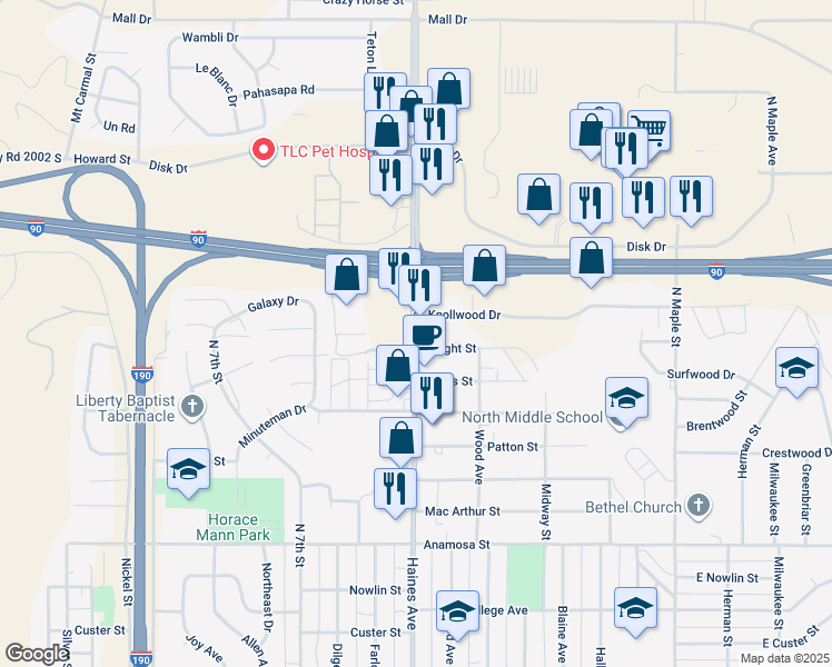 map of restaurants, bars, coffee shops, grocery stores, and more near 418 Knollwood Drive in Rapid City