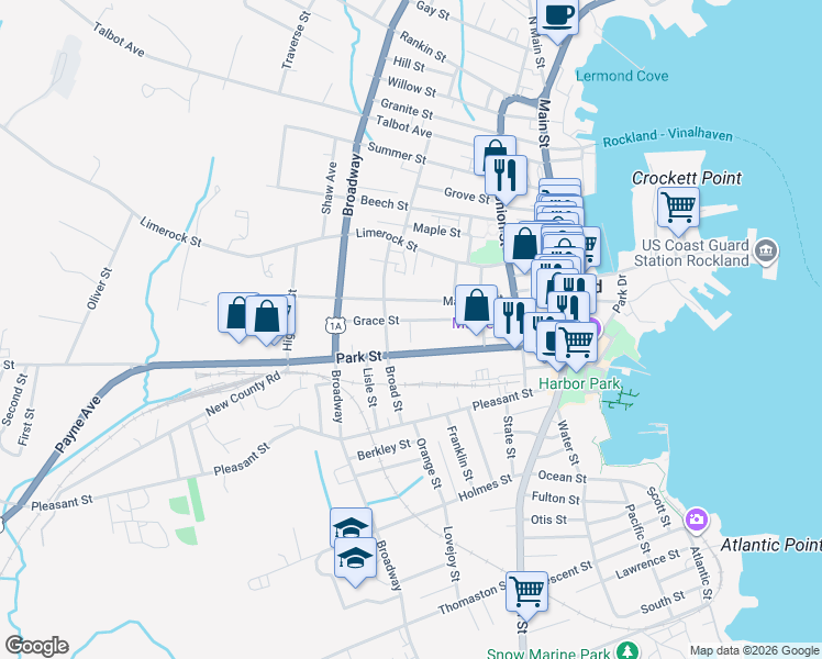 map of restaurants, bars, coffee shops, grocery stores, and more near 61 Grace Street in Rockland