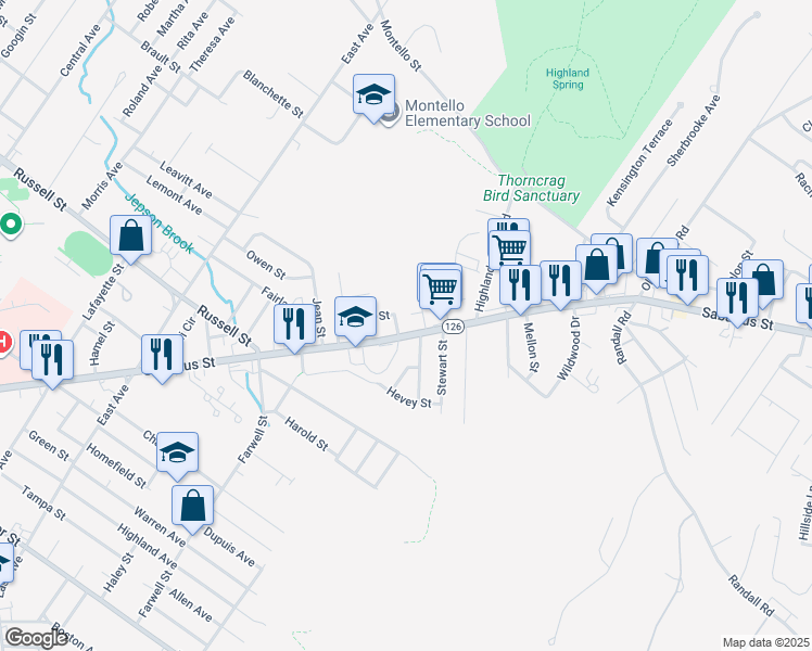 map of restaurants, bars, coffee shops, grocery stores, and more near 66 Laurier Street in Lewiston