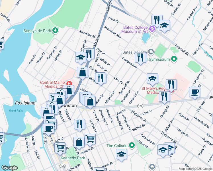 map of restaurants, bars, coffee shops, grocery stores, and more near 161 College Street in Lewiston