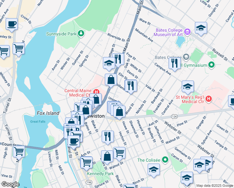 map of restaurants, bars, coffee shops, grocery stores, and more near 182 Oak Street in Lewiston