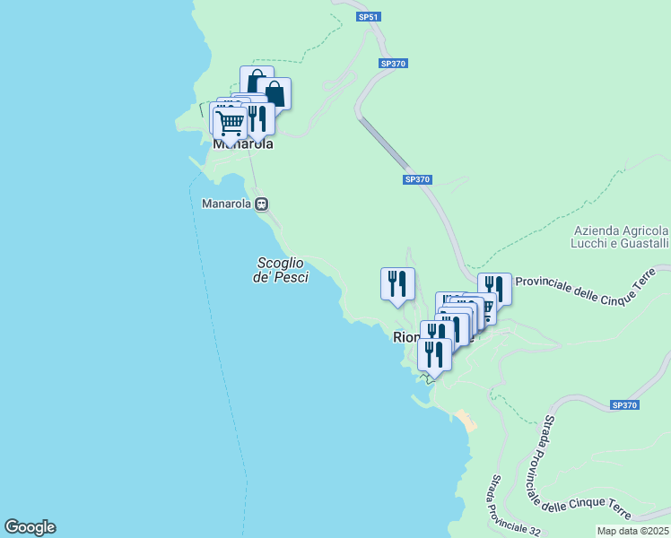 map of restaurants, bars, coffee shops, grocery stores, and more near 8 Via dell'Amore in Provincia della Spezia