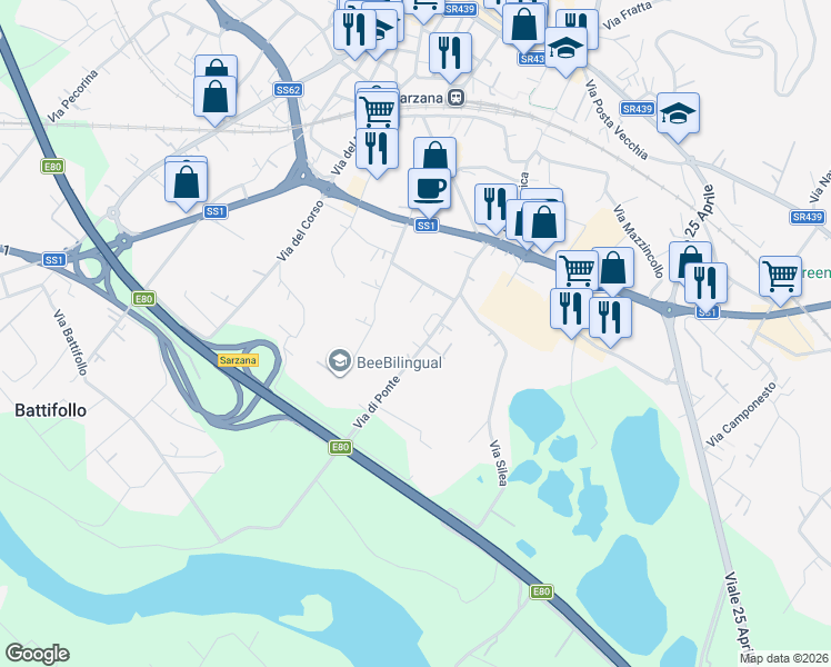 map of restaurants, bars, coffee shops, grocery stores, and more near 28 Via di Ponte in Sarzana