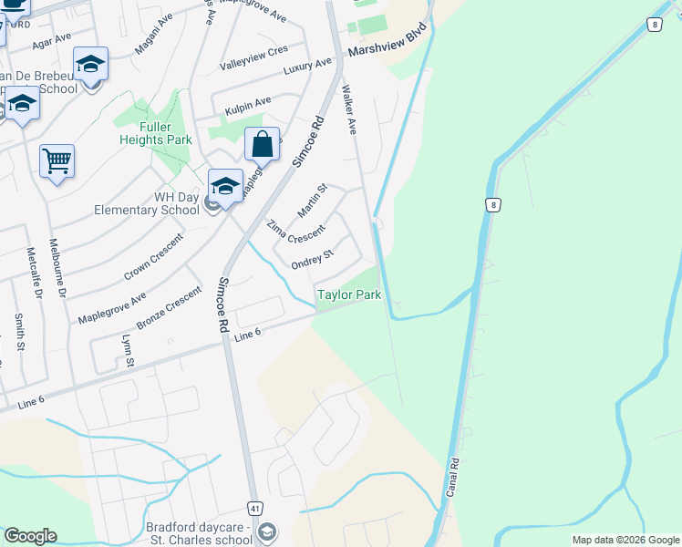 map of restaurants, bars, coffee shops, grocery stores, and more near Parkwood Avenue in Bradford West Gwillimbury