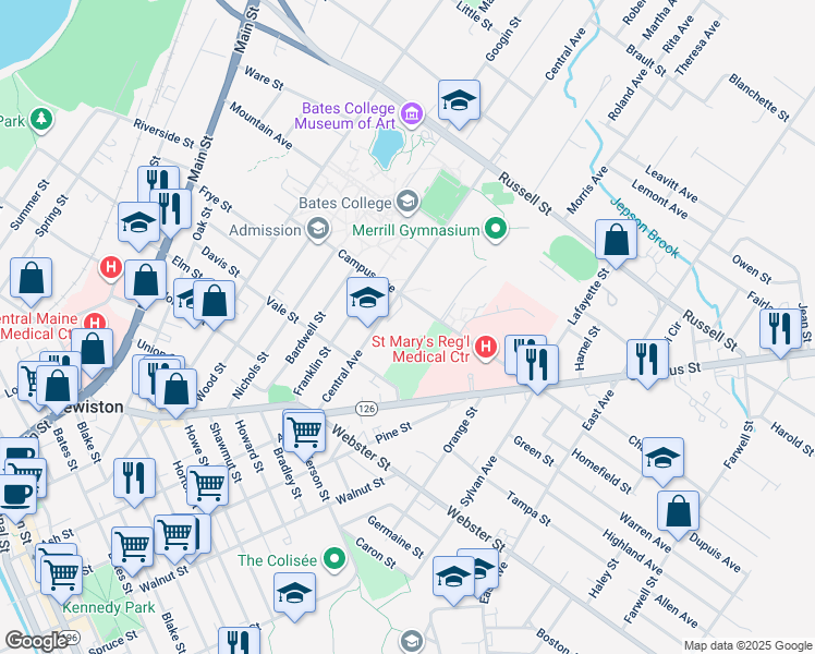map of restaurants, bars, coffee shops, grocery stores, and more near 75 Central Avenue in Lewiston