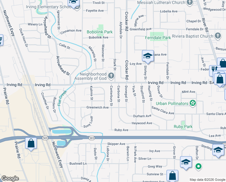 map of restaurants, bars, coffee shops, grocery stores, and more near 2687 Canterbury Street in Eugene