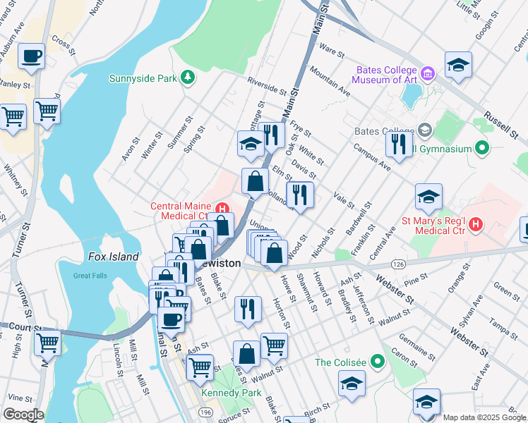 map of restaurants, bars, coffee shops, grocery stores, and more near 182 Oak Street in Lewiston