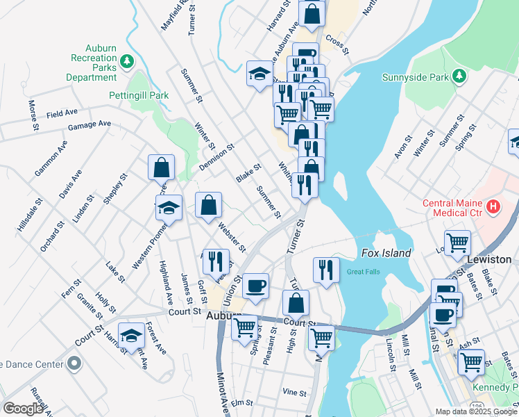 map of restaurants, bars, coffee shops, grocery stores, and more near 59 Summer Street in Auburn