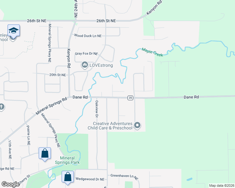 map of restaurants, bars, coffee shops, grocery stores, and more near 1955 Raspberry Ridge Place Northeast in Owatonna
