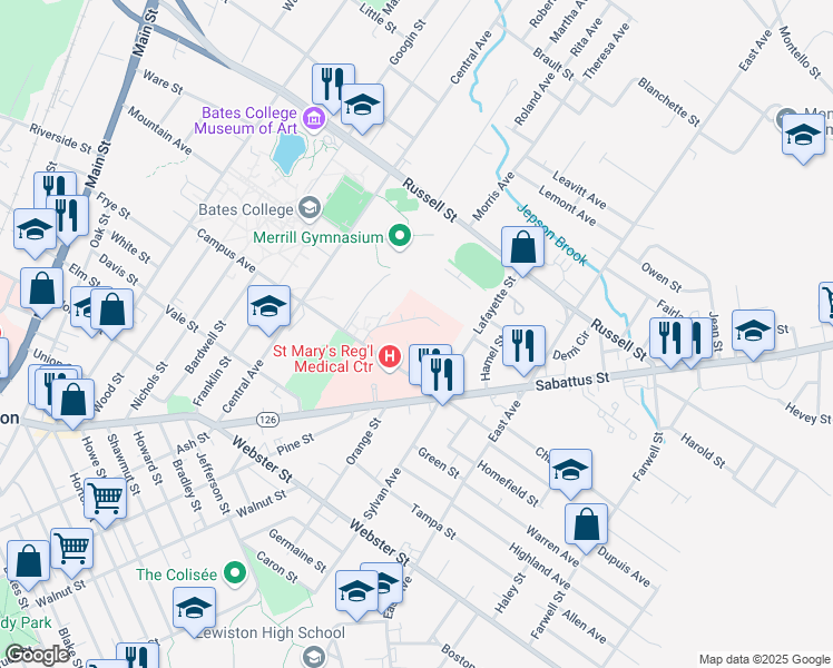map of restaurants, bars, coffee shops, grocery stores, and more near 100 Campus Avenue in Lewiston