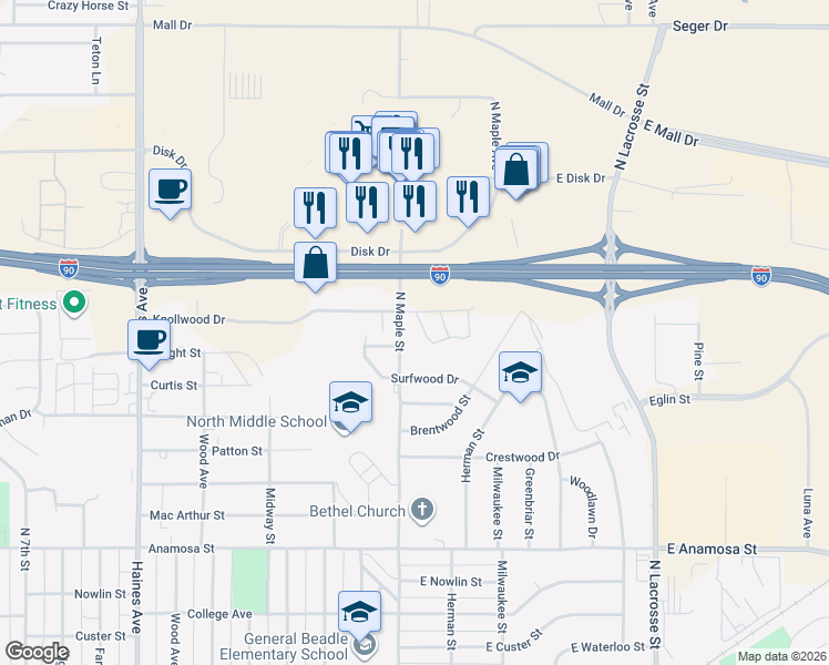 map of restaurants, bars, coffee shops, grocery stores, and more near 5 East Knollwood Drive in Rapid City