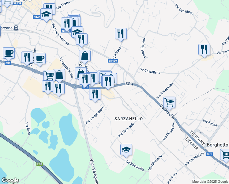 map of restaurants, bars, coffee shops, grocery stores, and more near 186 Via Aurelia in Sarzana