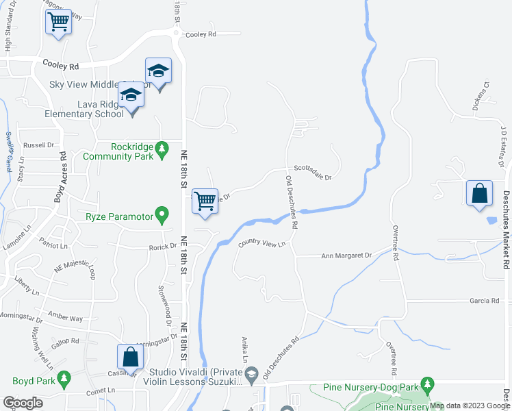 map of restaurants, bars, coffee shops, grocery stores, and more near 20975 Scottsdale Drive in Bend