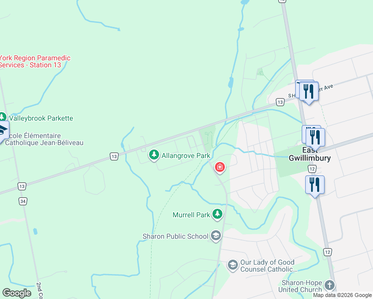 map of restaurants, bars, coffee shops, grocery stores, and more near 87 Carondale Square in East Gwillimbury