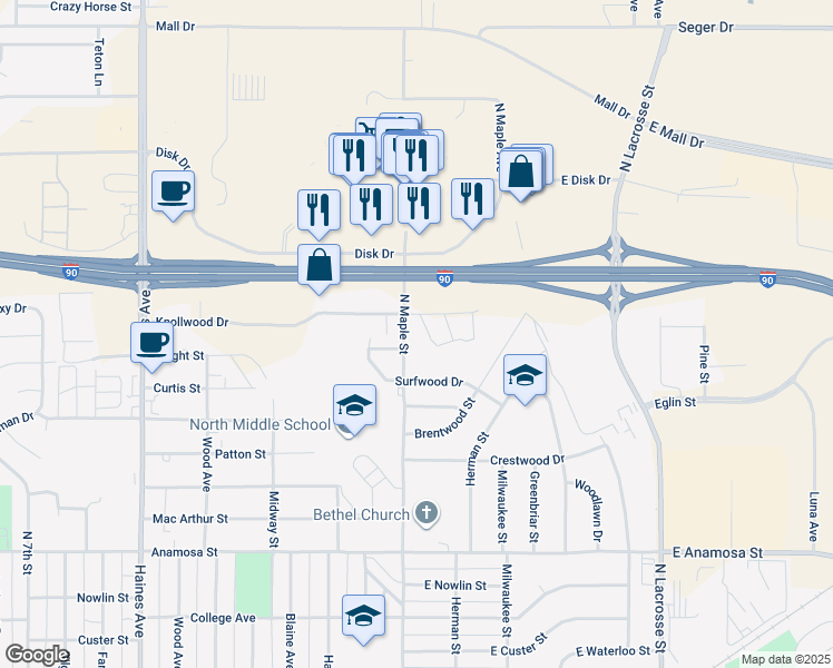 map of restaurants, bars, coffee shops, grocery stores, and more near 5 East Knollwood Drive in Rapid City