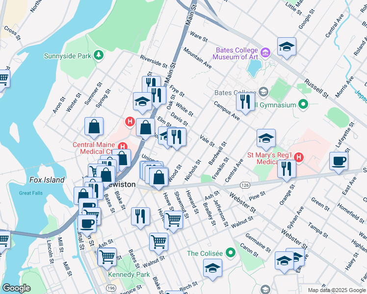 map of restaurants, bars, coffee shops, grocery stores, and more near 161 College Street in Lewiston