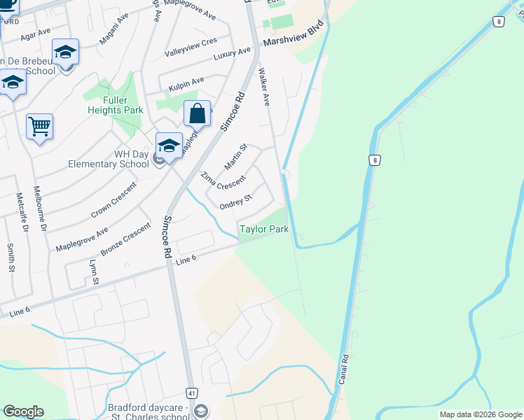 map of restaurants, bars, coffee shops, grocery stores, and more near Parkwood Avenue in Bradford West Gwillimbury