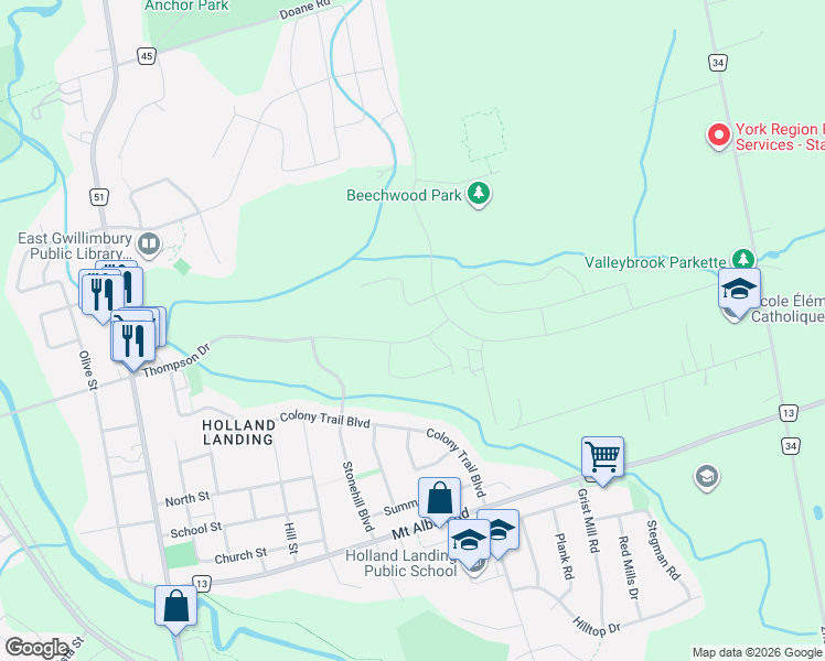map of restaurants, bars, coffee shops, grocery stores, and more near 198 Thompson Drive in East Gwillimbury