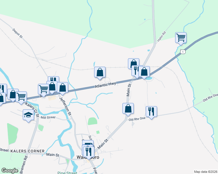 map of restaurants, bars, coffee shops, grocery stores, and more near 1767 Atlantic Highway in Waldoboro