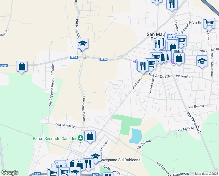 map of restaurants, bars, coffee shops, grocery stores, and more near 9 Via 27 Gennaio in Savignano sul Rubicone