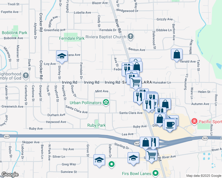 map of restaurants, bars, coffee shops, grocery stores, and more near 200 Irving Road in Eugene