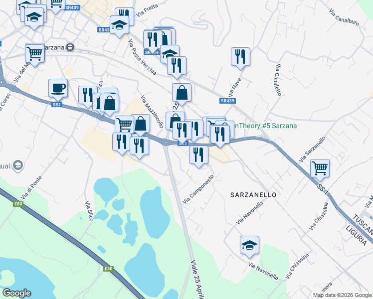 map of restaurants, bars, coffee shops, grocery stores, and more near Via Variante Aurelia in Sarzana