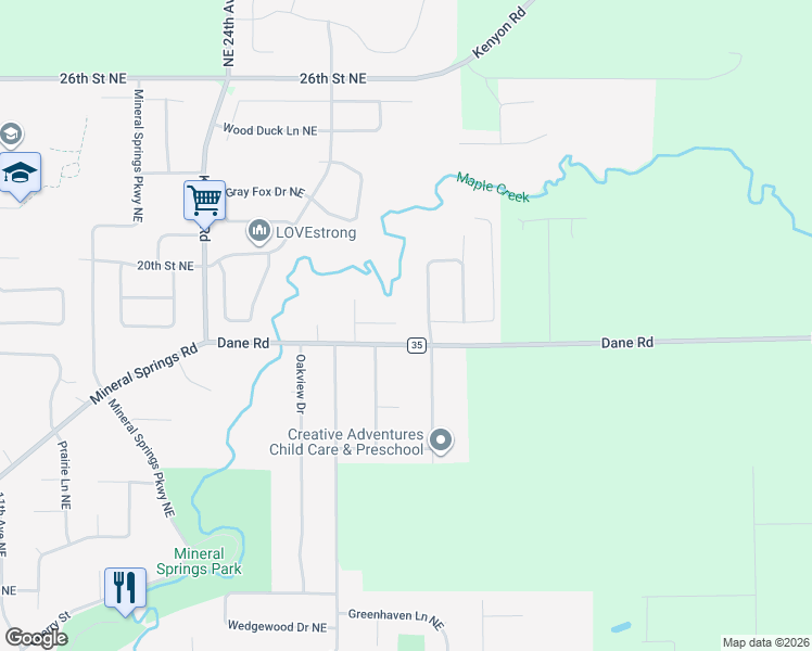 map of restaurants, bars, coffee shops, grocery stores, and more near 2050 Raspberry Ridge Place Northeast in Owatonna