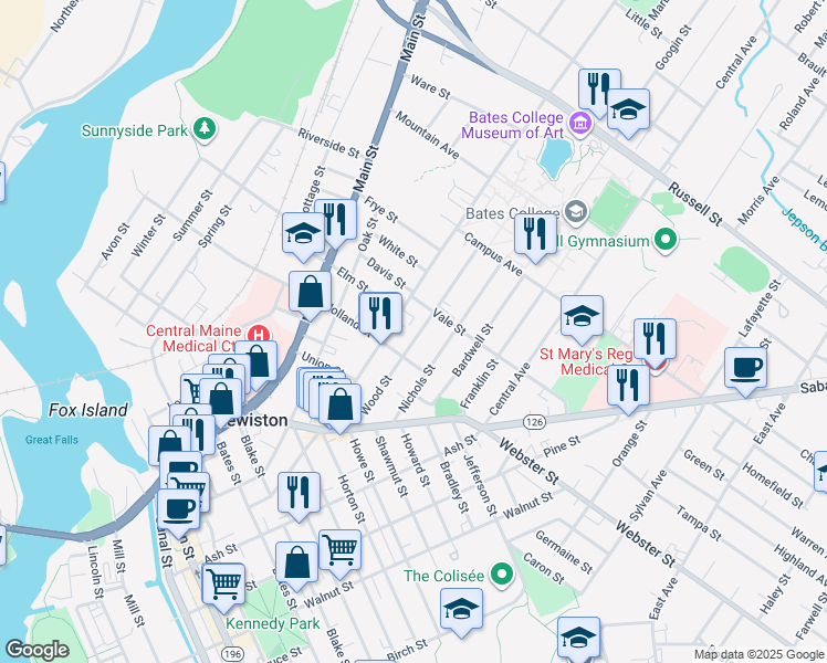 map of restaurants, bars, coffee shops, grocery stores, and more near 161 College Street in Lewiston