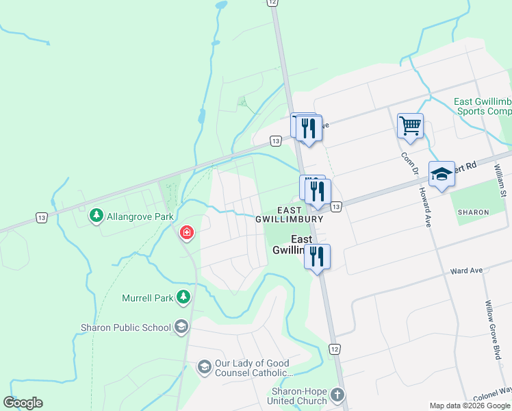map of restaurants, bars, coffee shops, grocery stores, and more near 175 Beechborough Cres in East Gwillimbury