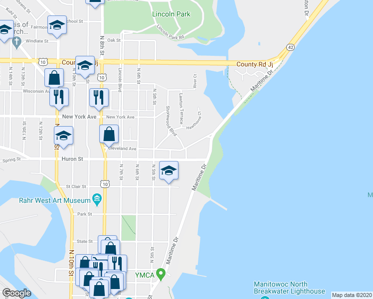 map of restaurants, bars, coffee shops, grocery stores, and more near 801 North 3rd Street in Manitowoc